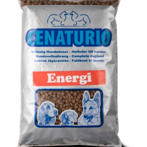 Zak Cenaturio Energi hondenvoer, een complete voeding met een verhoogd energiegehalte, speciaal ontwikkeld voor honden die hoge prestaties moeten leveren, zoals sport- of werkhonden.