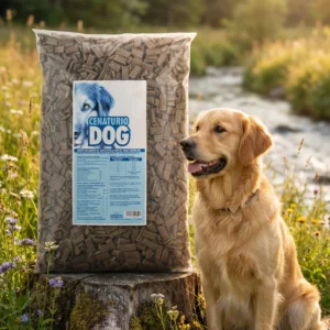 Een zak Cenaturio Geperste Wafelbrokken op een boomstronk naast een Golden Retriever in een zonnige natuurlijke omgeving bij een beek.