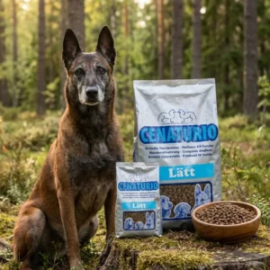 Oudere Mechelse Herder met glanzende vacht in de natuur naast grote en kleine verpakking Cenaturio Lätt hondenvoer voor senioren en gewichtsbeheersing.