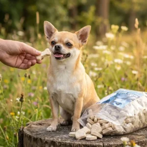 Een kleine Chihuahua op een boomstronk in een natuurlijke omgeving krijgt een Cenaturio Natuur-Biscuit als beloning aangereikt. De open zak met gezonde hondenkoekjes staat ernaast.