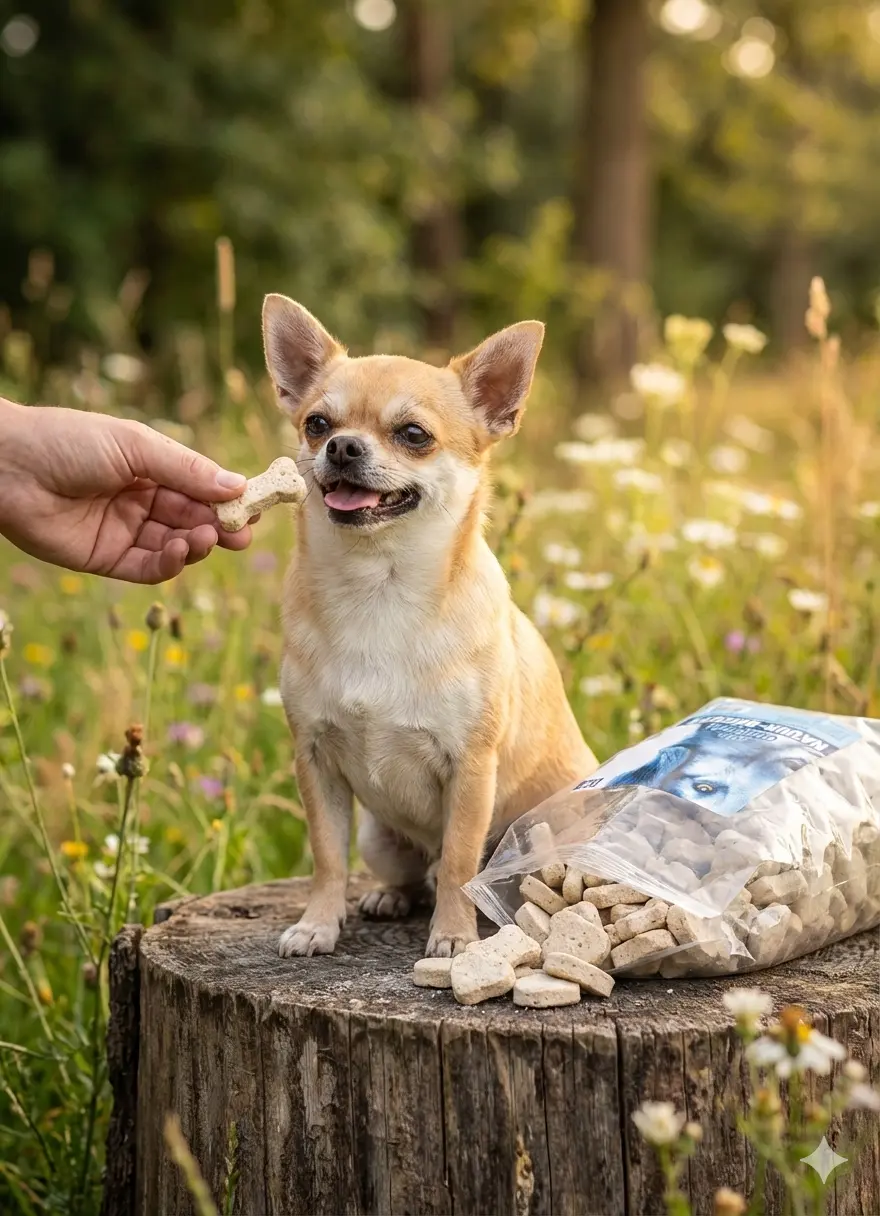 Een kleine Chihuahua op een boomstronk in een natuurlijke omgeving krijgt een Cenaturio Natuur-Biscuit als beloning aangereikt. De open zak met gezonde hondenkoekjes staat ernaast.