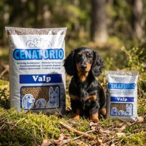 Standaard Black and Tan Teckel pup met een gezonde, glanzende vacht zit in het bos tussen een grote en kleine zak Cenaturio Valp hondenvoer.