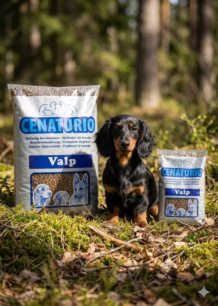 Standaard Black and Tan Teckel pup met een gezonde, glanzende vacht zit in het bos tussen een grote en kleine zak Cenaturio Valp hondenvoer.