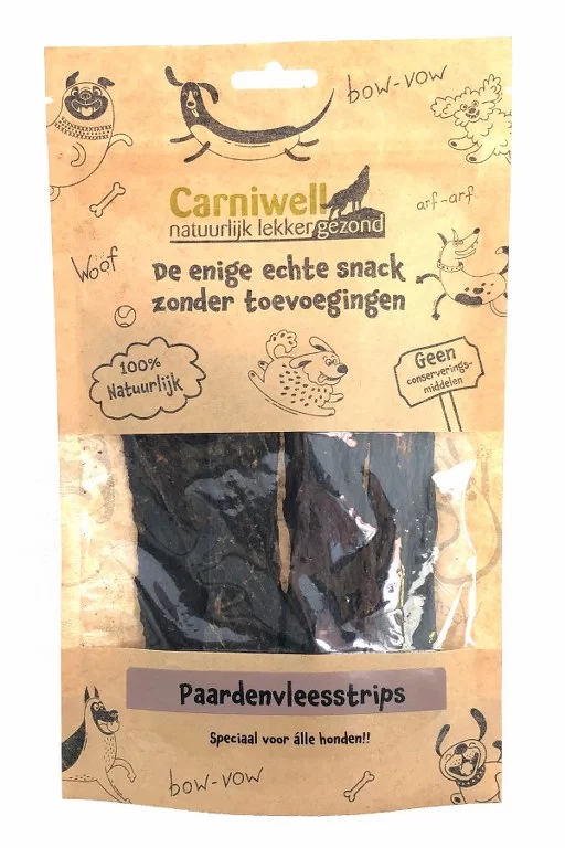 akje Carniwell Paardenvleesstrips, een 100% natuurlijke en hypoallergene hondensnack.