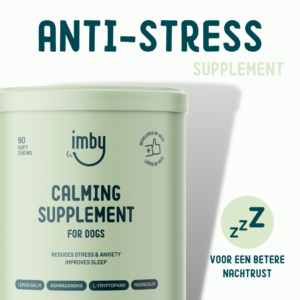 Imby Calming Supplement vermindert stress en angst, verbetert de slaap van honden en vermindert hyperactiviteit en agressie.
