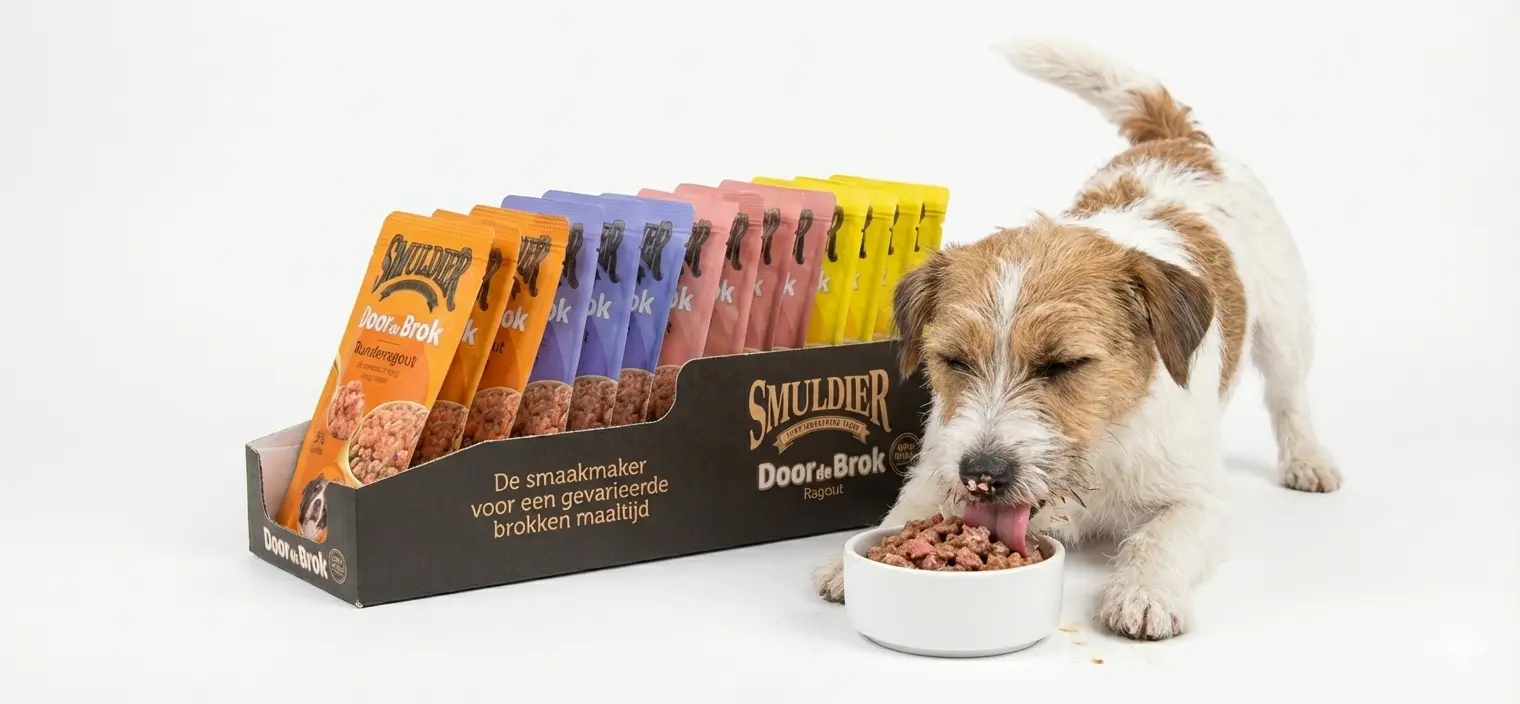 Een Jack Russell Terriër geniet zichtbaar van Smuldier Runderragout uit een witte voerbak, staand naast de 'Door de Brok' variatiebox met diverse smaken pouches.