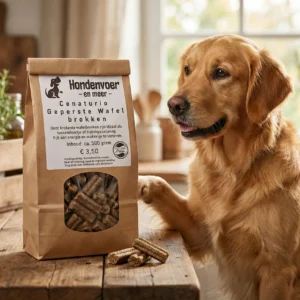 Golden Retriever met zijn poot op een papieren zak 'Cenaturio Geperste Wafelbrokken' (500g) van Hondenvoer en meer. Op de voorgrond liggen enkele losse geperste beloningswafels op een rustieke houten tafel in een keuken.