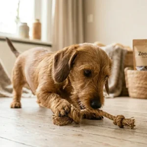 Een ruwharige dwergteckel speelt met een klein, 100% natuurlijk kokostouw met 2 knopen. Een veilig, verteerbaar en duurzaam hondenspeelgoed. Op de achtergrond staat een verpakking van ZooLekker, lokaal verkrijgbaar bij Hondenvoer en meer in Apeldoorn.