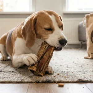 Een ruwharige Teckel ligt op een schapenvacht en kauwt intensief op een groot stuk taaie, gedroogde kamelenhuid. Op de achtergrond een jute tas van Zoo Lekker. Deze 100% natuurlijke en hypoallergene kauwsnack is verkrijgbaar bij Hondenvoer en meer in Apeldoorn.