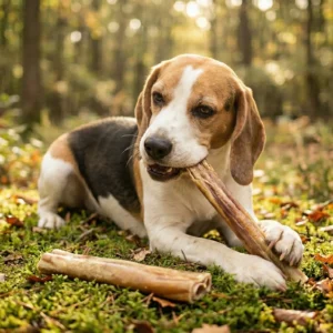 Een gedetailleerde foto van een teckel-achtige beagle hond die met contentie kauwt op een groot, gedroogde kamelenhuid in een natuurlijk bos. De hond ligt op bosmos en herfstbladeren en houdt het kauwbot met zijn voorpoten vast. In de voorgrond ligt een tweede exemplaar van het gedroogde kamelenhuid 30cm ongebruikt op de grond. De achtergrond is een dicht bos met zacht, filterend zonlicht dat een warme gloed creëert.