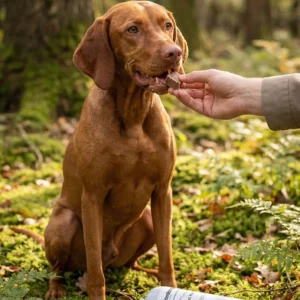 Een bruine hond zit in een groen, zonnig bos en krijgt een blokje houdbare worst als beloning uit een hand. Op het mos op de voorgrond ligt een hele rol gestoomde hondenworst met daarnaast in blokjes gesneden stukjes worst. Een gezonde, 100% natuurlijke trainingssnack van Hondenvoer en meer in Apeldoorn.