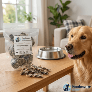 Een blije hond kijkt naar een hersluitbare zak 100% natuurlijke kabeljauwhapjes (100 gram) van Hondenvoer en meer. Gezonde, graanvrije en glutenvrije vissnack voor honden, lokaal af te halen in Apeldoorn of persoonlijk bezorgd in regio Gelderland.
