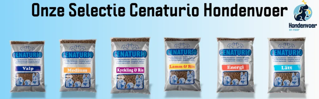 Het complete assortiment Cenaturio hondenvoer bij Hondenvoer en meer in Apeldoorn. Op de foto staan van links naar rechts de zakken: Valp (puppy), Medium, Kyckling & Ris, Lamm & Ris, Energi en Lätt.