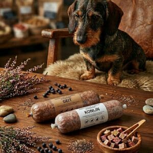 Een Standaard Ruwhaar Teckel kijkt aandachtig naar de hypoallergene houdbare worsten voor de hond (smaak Hert, Paard, Geit en Konijn) en een bakje met trainingsblokjes. Ambachtelijk en lokaal gepresenteerd door Hondenvoer en meer in Apeldoorn.