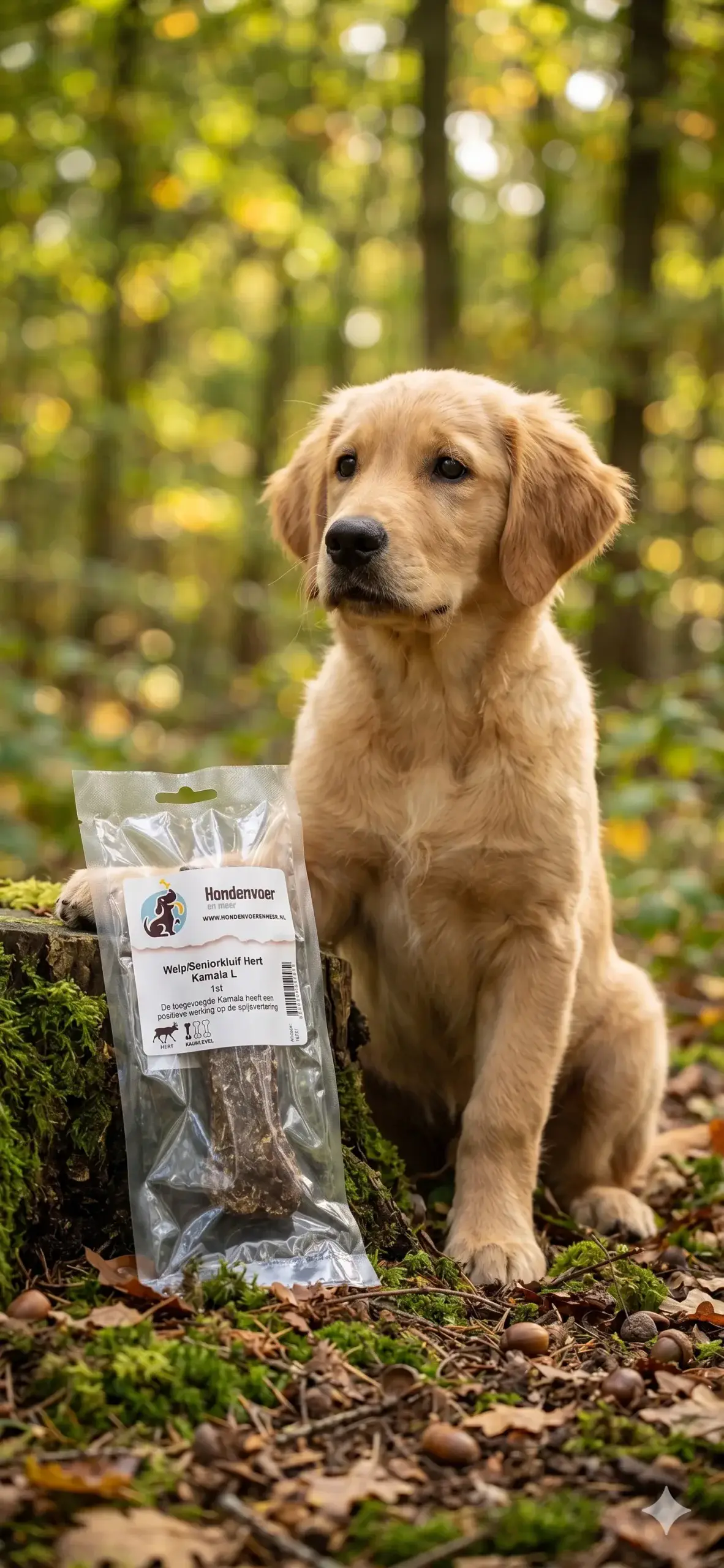 Kauwkluif natuurlijke kauwsnacks Een realistische foto van een jonge Golden Retriever puppy zittend op een bosgrond, met de gesloten plastic verpakking van de 'Welp/Seniorkluif Hert Kamala L' kauwsnack van 'Hondenvoer en meer' duidelijk leesbaar naast hem. De verpakking toont het logo en alle details, en is rechtop tegen een met mos bedekte boomstam geplaatst. Dappled zonlicht filtert door het bladerdak
