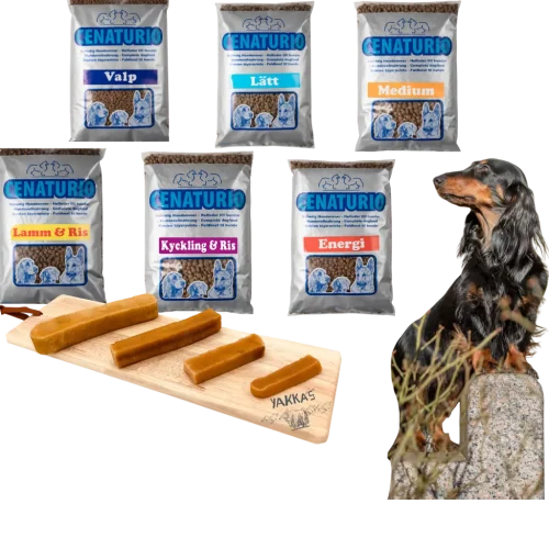 Complete collectie Cenaturio hondenvoer en Yakka snacks met teckel