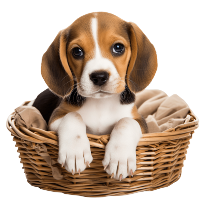 Foto van een Beagle in een mand.