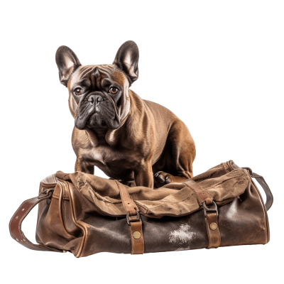 foto van een hond die achter een reistas staat