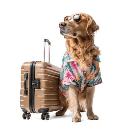 Foto va een hond met een reiskoffer die op reis gaat.