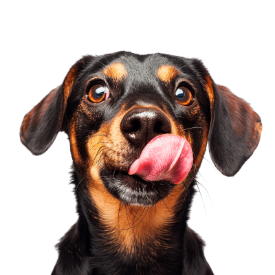 Een vrolijke hond likt zijn lippen af, duidelijk genietend van een heerlijke snack of maaltijd."