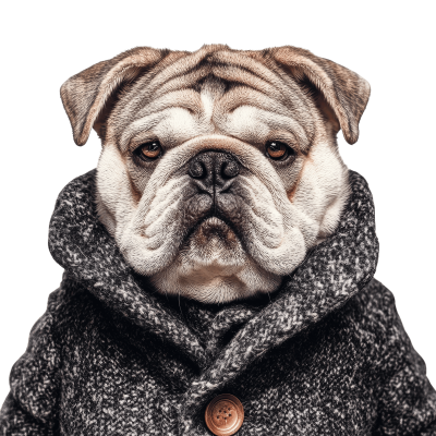 foto van een modebewuste Bulldog met jas aan
