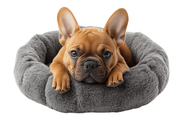foto van een Franse Bulldog liggend in een ronde mand